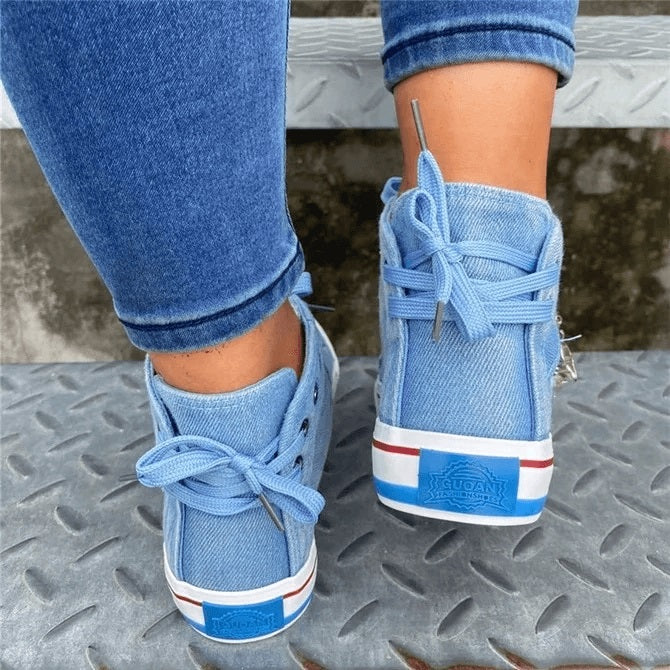 Women’s Denim High-Top Back Lace-up Design Canvas Sneakers Shoe